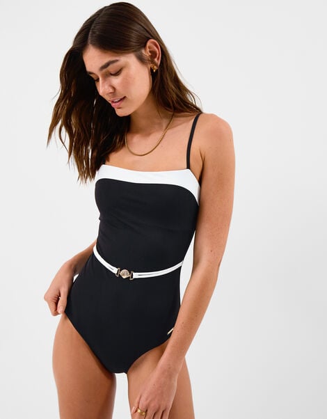 UPF50+ Mono Belted Shaping Swimsuit, Black (BLACK WHITE), large