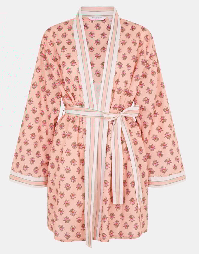 Block Print Cotton Short Dressing Gown , Pink (PINK), large