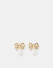 Diamanté Bow Pearl Drop Earrings, , large