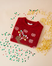 Girls Christmas Reindeer Jumper, Red (RED), large