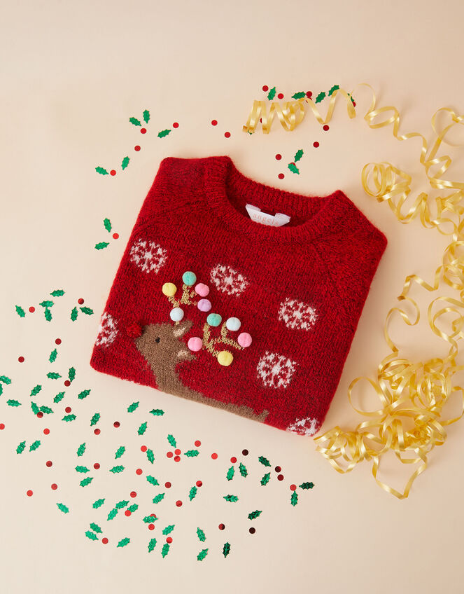 Girls Christmas Reindeer Jumper, Red (RED), large