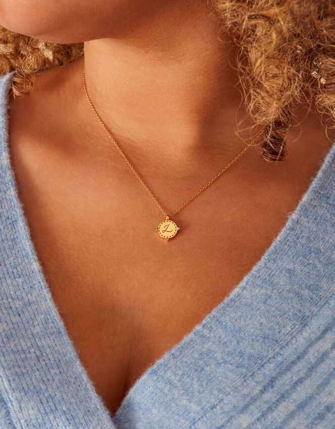14ct Gold-Plated Initial Pendant Necklace, Blue (TURQUOISE), large