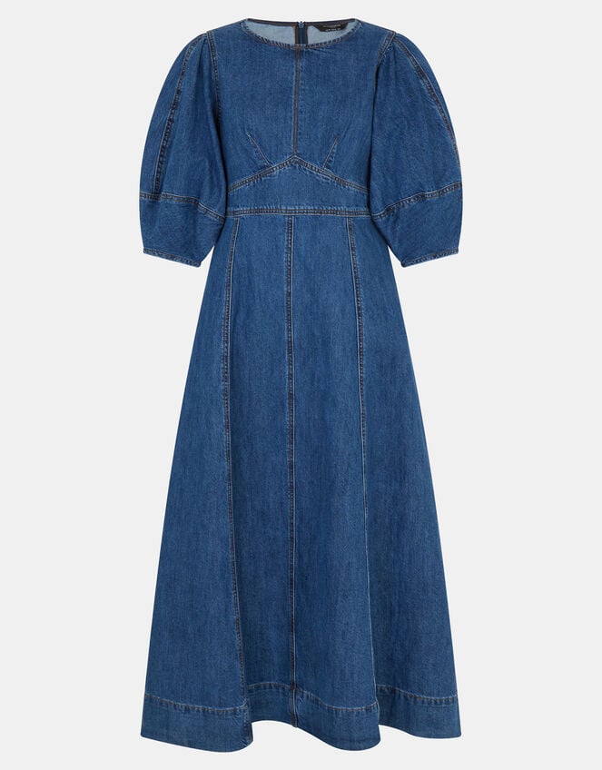 Puff Sleeve Denim Midi Dress, Blue (BLUE), large