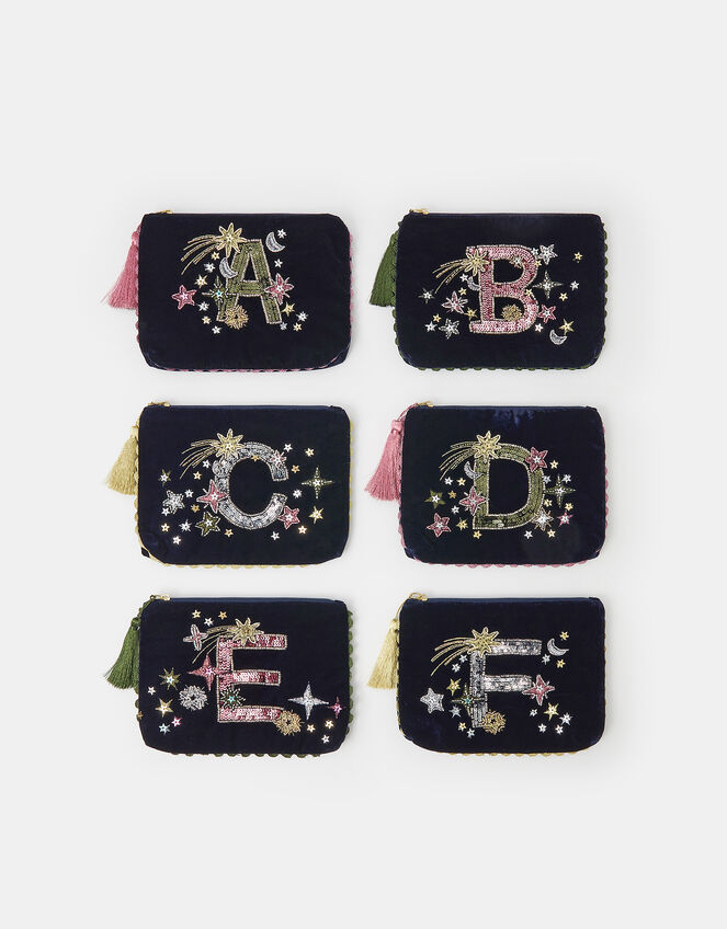 Embellished Initial Velvet Pouch, Blue (NAVY), large