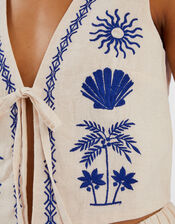 Tropical Tie-Front Embroidered Waistcoat, Natural (NATURAL), large