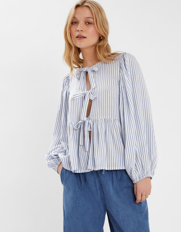 Stripe Tie-Front Blouse, Blue (BLUE), large