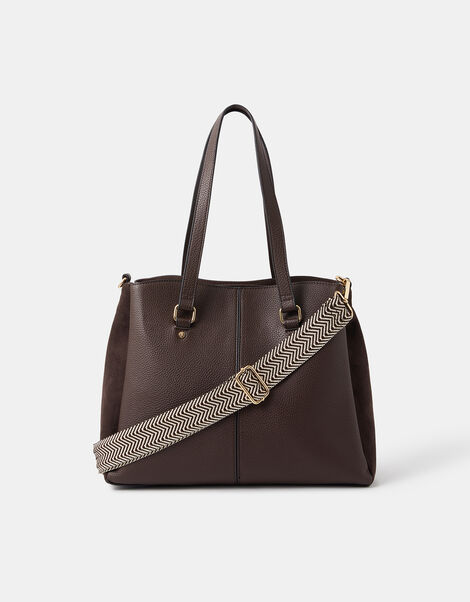 Webbing Strap Faux Leather Shoulder Bag, Brown (CHOCOLATE), large