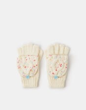 Girls Speckled Fingerless Gloves with Mittens, Ivory (IVORY), large