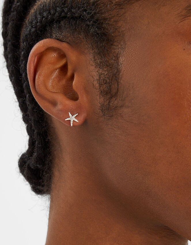 Sterling Silver-Plated Sparkle Starfish Stud Earrings, , large