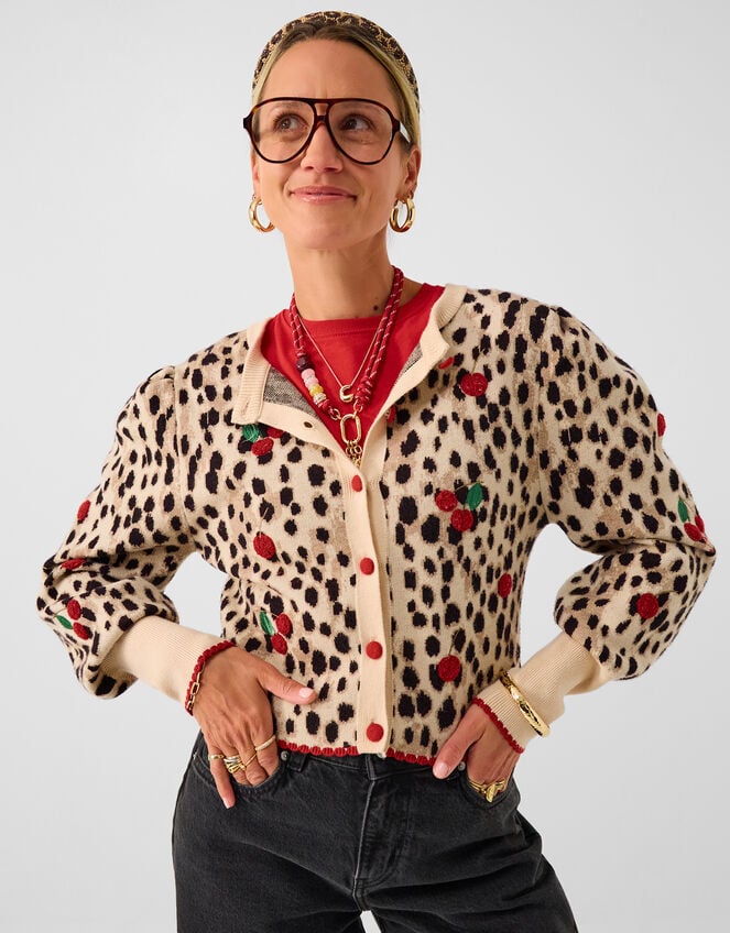 Accessorize x Good Manners Cherry Leopard Print Cardigan, Multi (MULTI), large