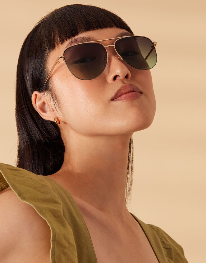 Half Frame Aviator Sunglasses, Green (GREEN), large