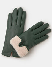 Faux Fur Lined Leather Gloves, Green (GREEN), large