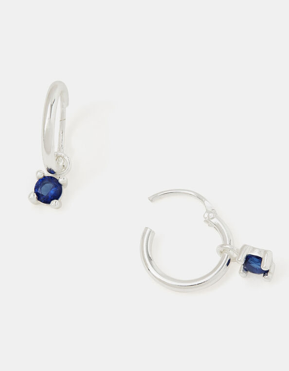 Sterling Silver Blue Diamanté Drop Hoop Earrings, , large