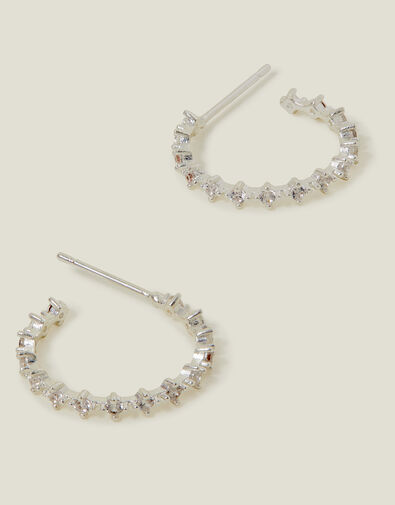 Sterling Silver-Plated Fine Diamanté Hoop Earrings, , large