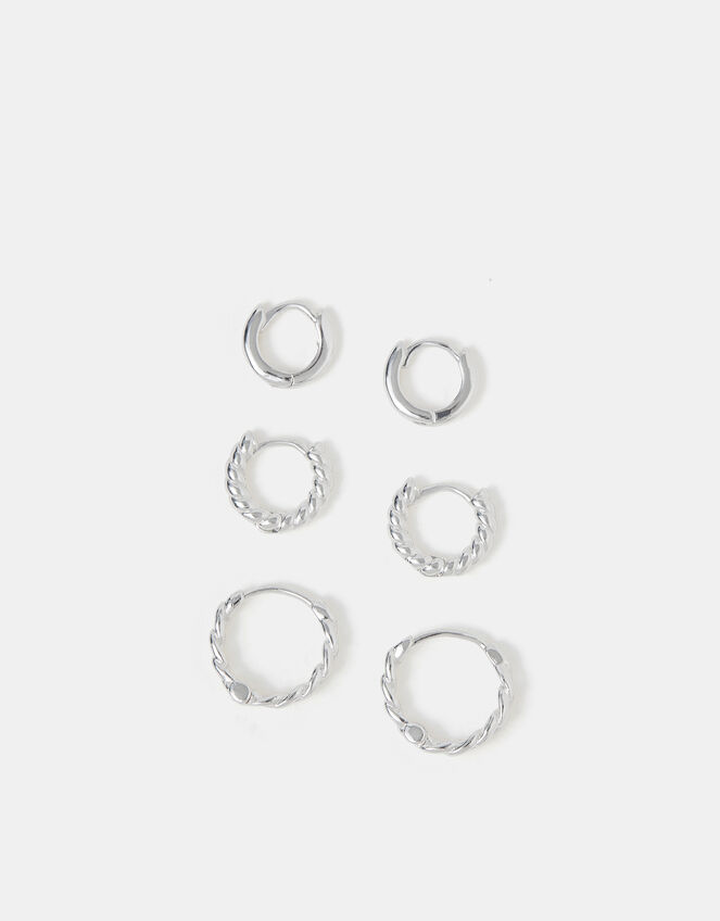 3-Pack Sterling Silver-Plated Twist Hoop Earrings, , large
