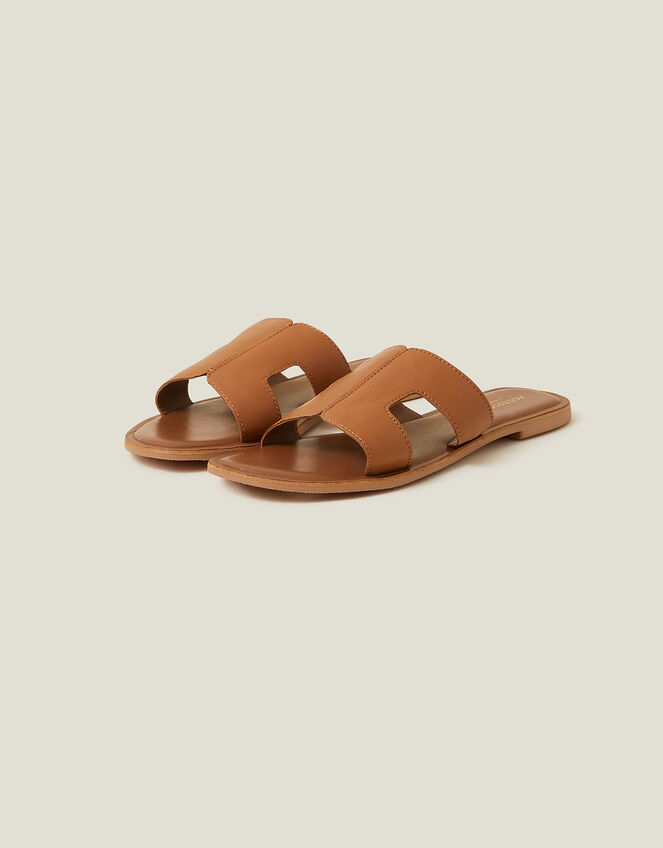 Leather Cut-Out Detail Sliders, Tan (TAN), large