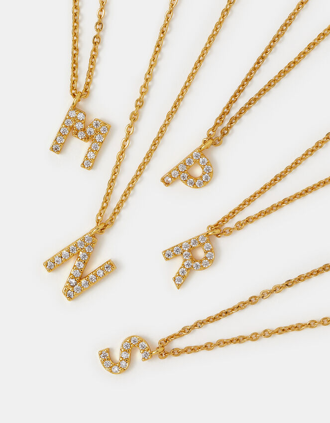 14ct Gold-Plated Diamanté Initial Pendant Necklace, Gold (GOLD), large
