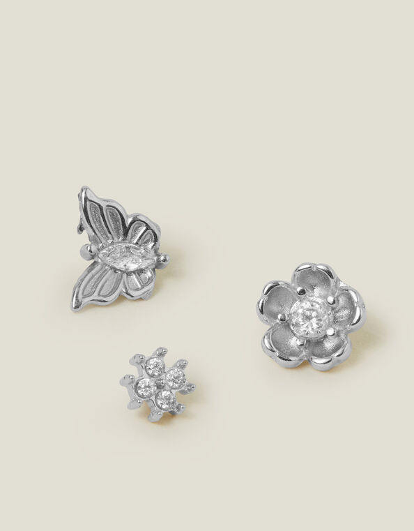 3-Pack Platinum-Plated Surgical Steel Flower Flatback Stud Earrings, , large