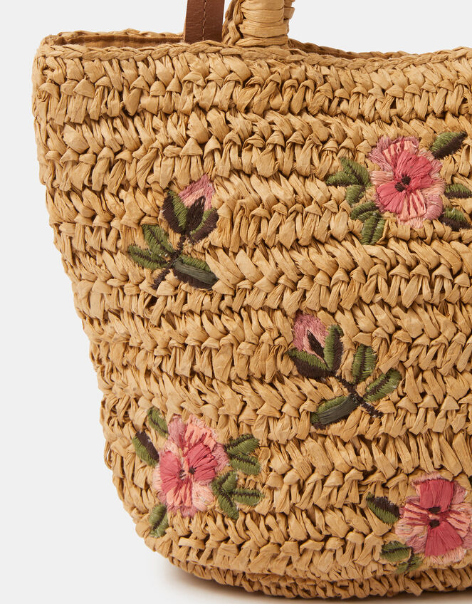 Floral Embroidered Raffia Bag, , large