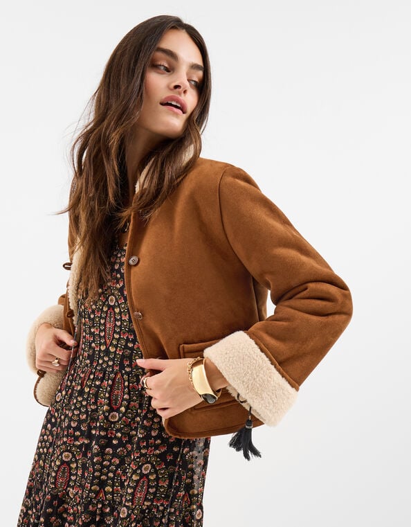 Floral Embroidered Suedette Jacket, Tan (TAN), large