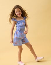 Girls Cherry Embroidered Playsuit, Blue (BLUE), large