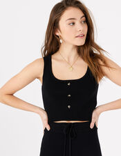 Button Front Lounge Crop Top, Black (BLACK), large