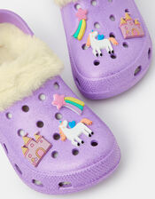 Girls Charm Faux Fur Lined Clogs, Purple (LILAC), large