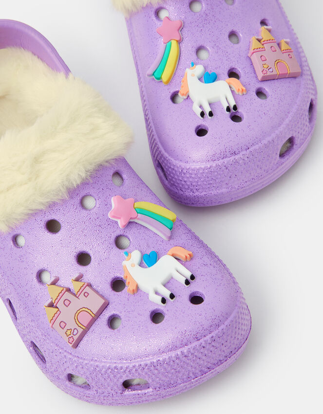 Girls Charm Faux Fur Lined Clogs, Purple (LILAC), large