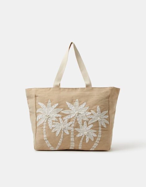 Palm Tree Embroidered Woven Beach Bag, , large