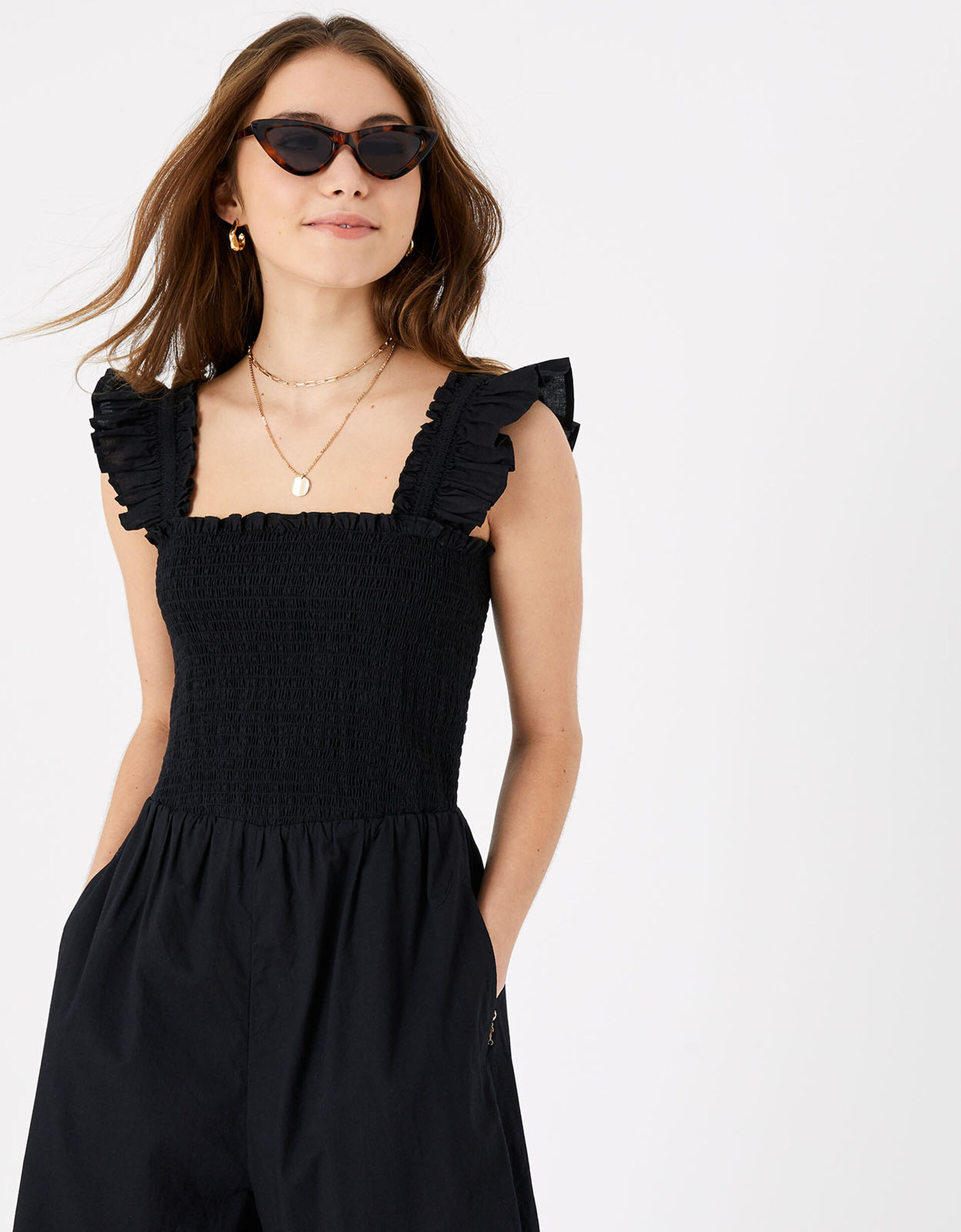 Call Away Cotton Strapless Smocked Pocketed Jumpsuit - Black