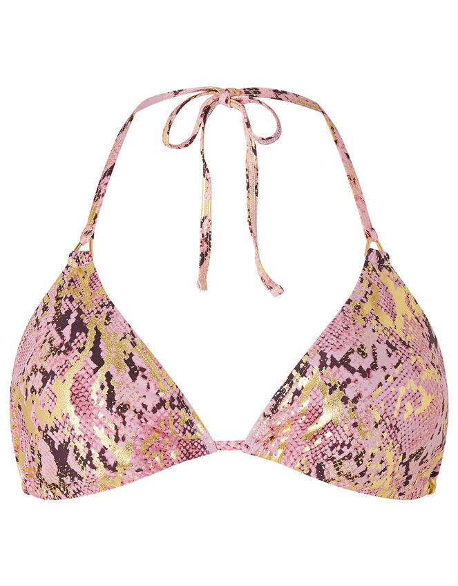 Snake-Print Metallic Triangle Bikini Top, Pink (PINK), large