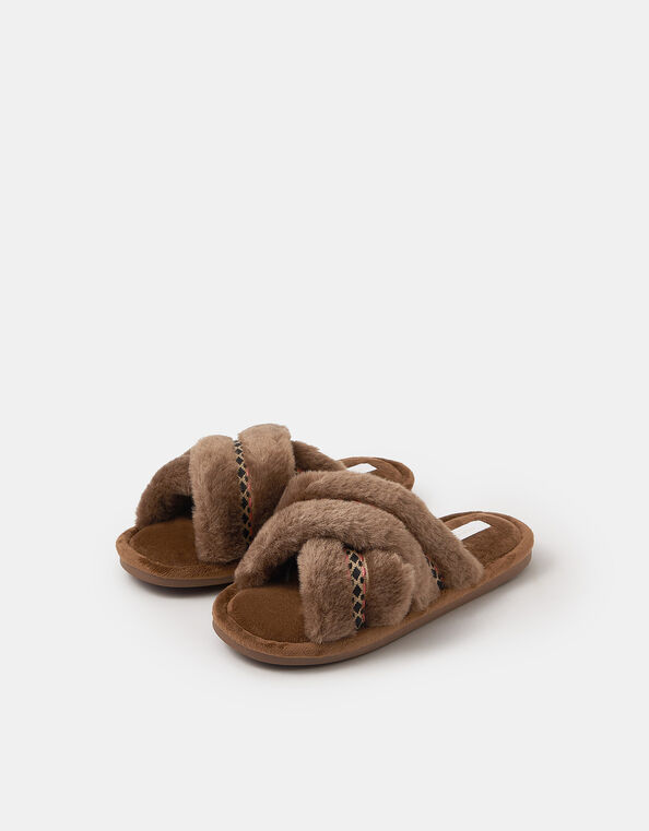 Fluffy Braid Crossover Slide Slippers, Brown (CHOCOLATE), large