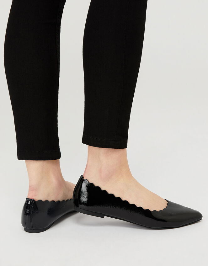 Patent Scallop Edge Flat Shoes, Black (BLACK), large