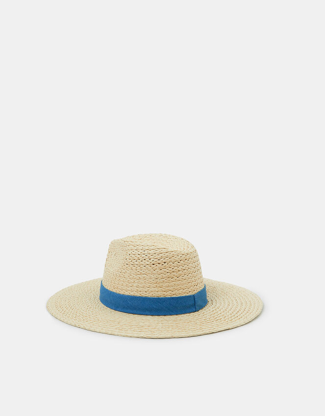 Denim Trim Straw Fedora Hat, , large
