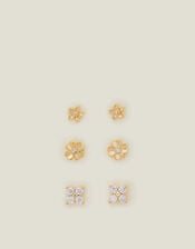 3-Pack 14ct Gold-Plated Flower Stud Earrings, , large