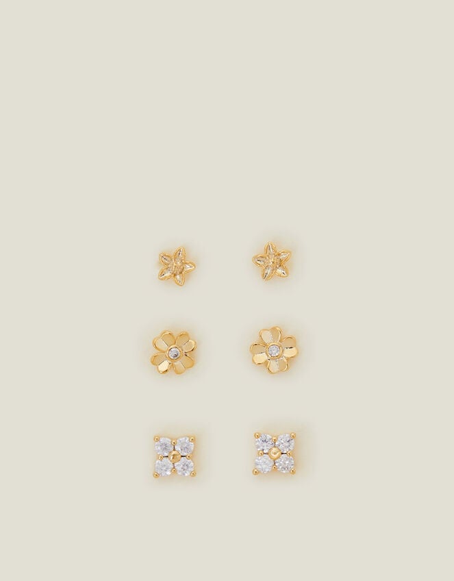 3-Pack 14ct Gold-Plated Flower Stud Earrings, , large