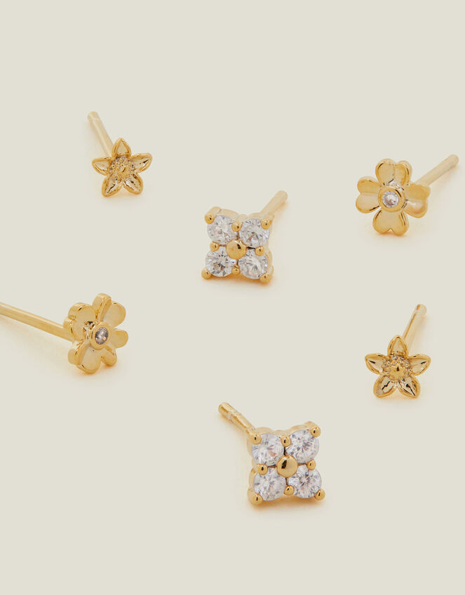 3-Pack 14ct Gold-Plated Flower Stud Earrings, , large