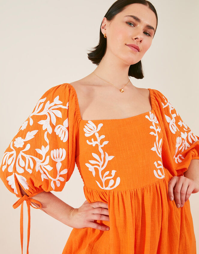 Ornamental Print Embroidered Puff Sleeve Midi Dress, Orange (ORANGE), large