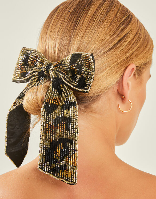 Leopard Bead Bow Barrette Hair Clip, , large