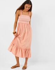 Floral Embroidered Smocked Midi Dress, Pink (PINK), large