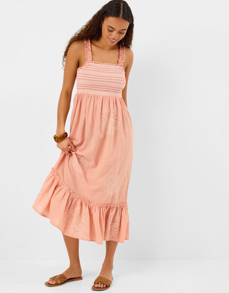 Floral Embroidered Smocked Midi Dress, Pink (PINK), large