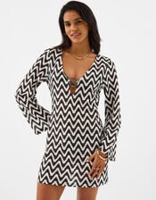 Mono Crochet Mini Kaftan, Black (BLACK WHITE), large