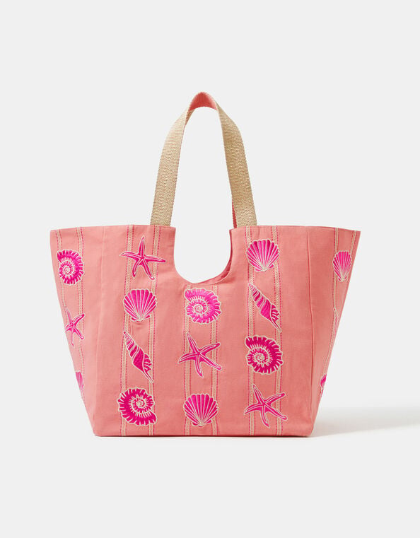 Embroidered Seashell Beach Bag, , large