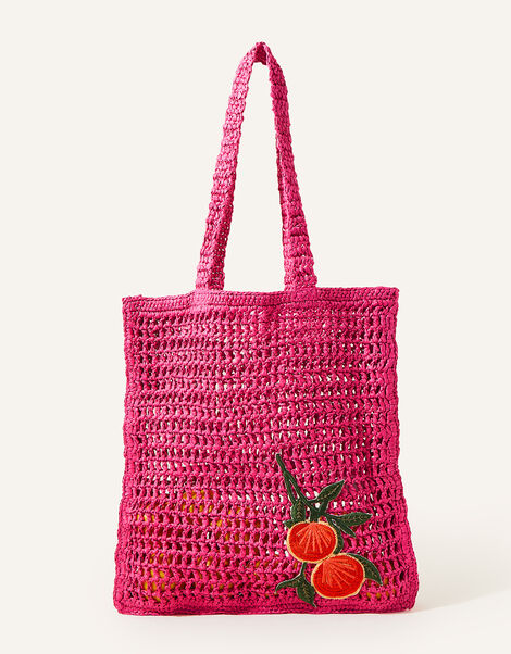 Raffia Crochet Beach Shopper Bag, Pink (PINK), large