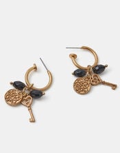 Beaded Key Charm Hoop Earrings, , large