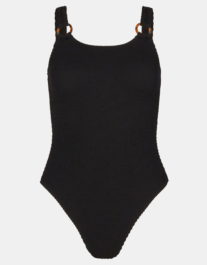 Strap Detail Crinkle Textured Swimsuit, Black (BLACK), large