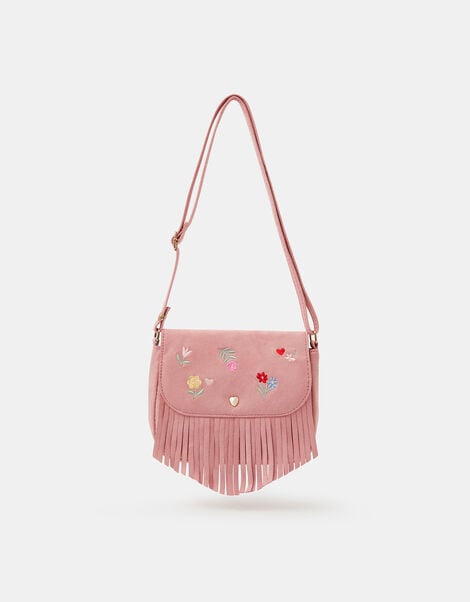 Girls Floral Embroidered Fringe Crossbody Bag, , large