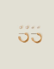 3-Pack 14ct Gold-Plated Twisted Stud and Hoop Earrings, , large
