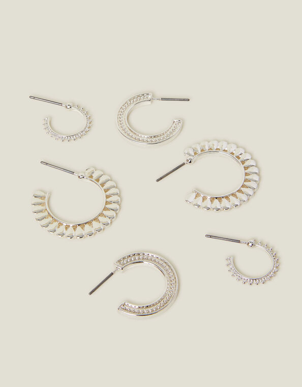 3-Pack Mix Texture Hoop Earrings Silver, , large