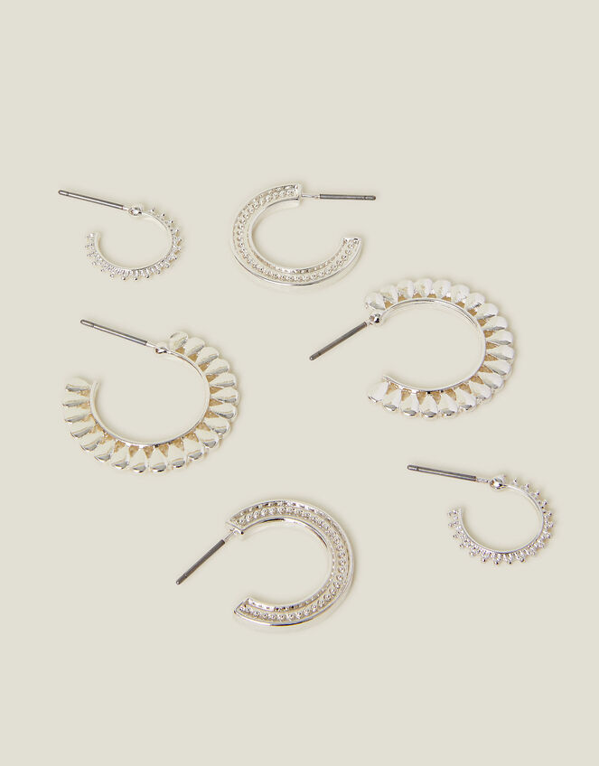 3-Pack Mix Texture Hoop Earrings Silver, , large
